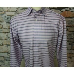 KUHLMAN Men's Shirt Chest Stripes Blue Lavender All Cotton Spread Collar 40 Larg